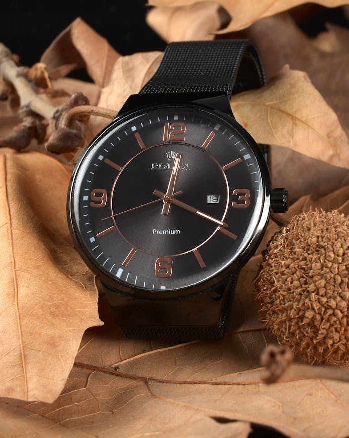 Luxurious analog watch photographed on a bed of autumn leaves, showcasing elegance.
